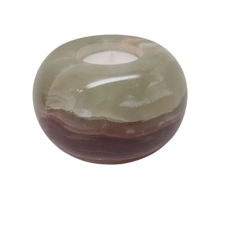 Polished Alabaster Onyx Stone Tea Light Candle Holder Green Brown Round Sphere